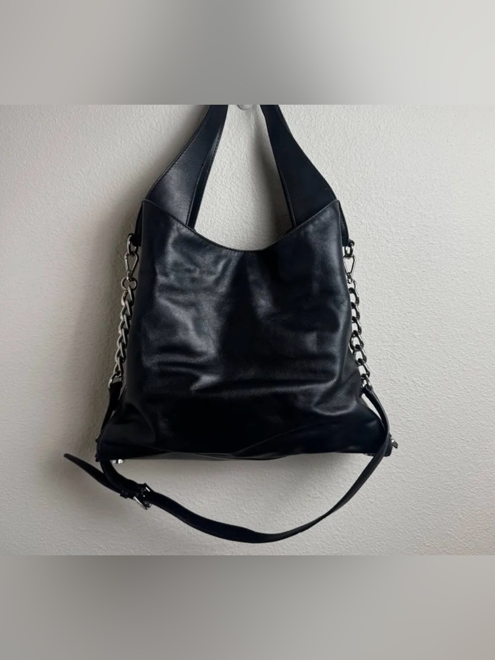 Michael Kors Black Leather Shoulder Bag with Chain Accent